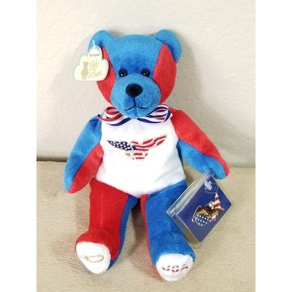 God Bless America Holy Bears 2001 Beanie Plush Patriotic 9" Red Blue White